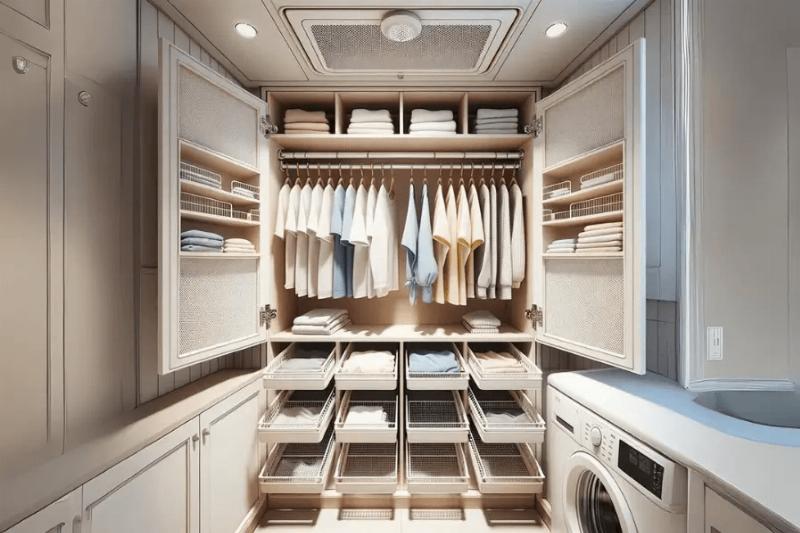 laundry room illustration featuring drying rack cabinets