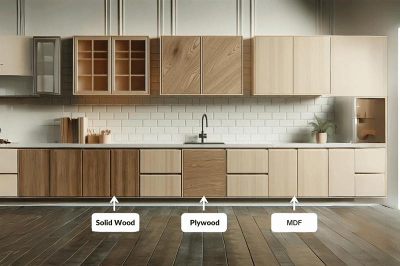 kitchen layout with cabinets made from specified materials