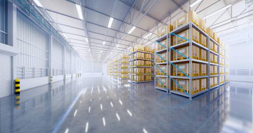 3d rendering of warehouse building and box packaging in shell
