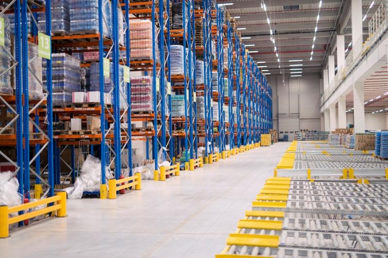 Cardboard boxes on shelves in the warehouse