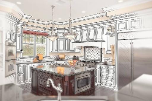 Combination of Beautiful Custom Kitchen Design Drawing with Ghosted Photo Behind.