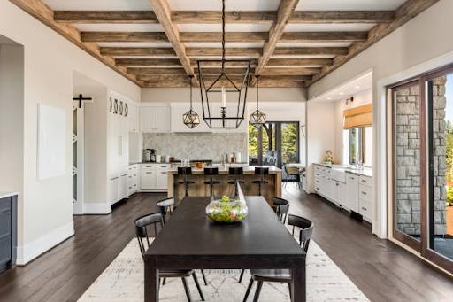 Dining room and kitchen in new luxury home