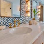 modern bathroom features brown vanity