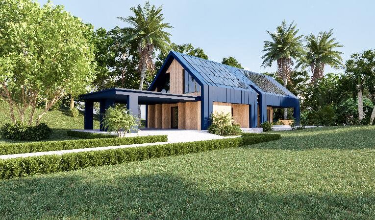 modern home with blue roofing