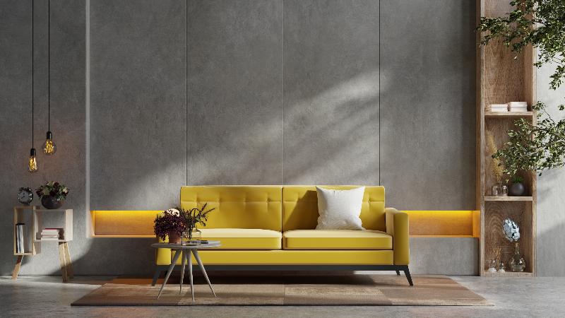 the yellow sofa in the contemporary living room